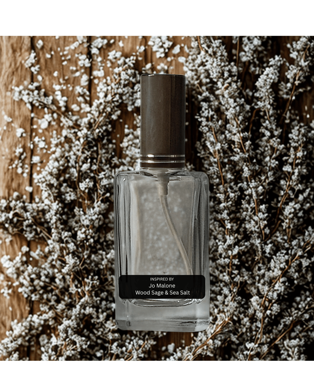 Unisex perfume bottle inspired by Jo Malone’s Wood Sage & Sea Salt – Oceanic Earth by Fine Fragrances on Kromboom on a floral background