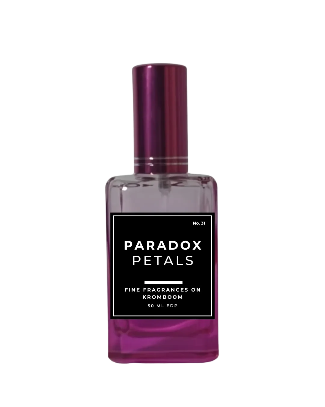 Perfume bottle labeled 'Paradox Petals' on a white background by Fine Fragrances on Kromboom