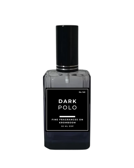 Perfume bottle labeled 'Dark Polo' on a white background by Fine Fragrances on Kromboom