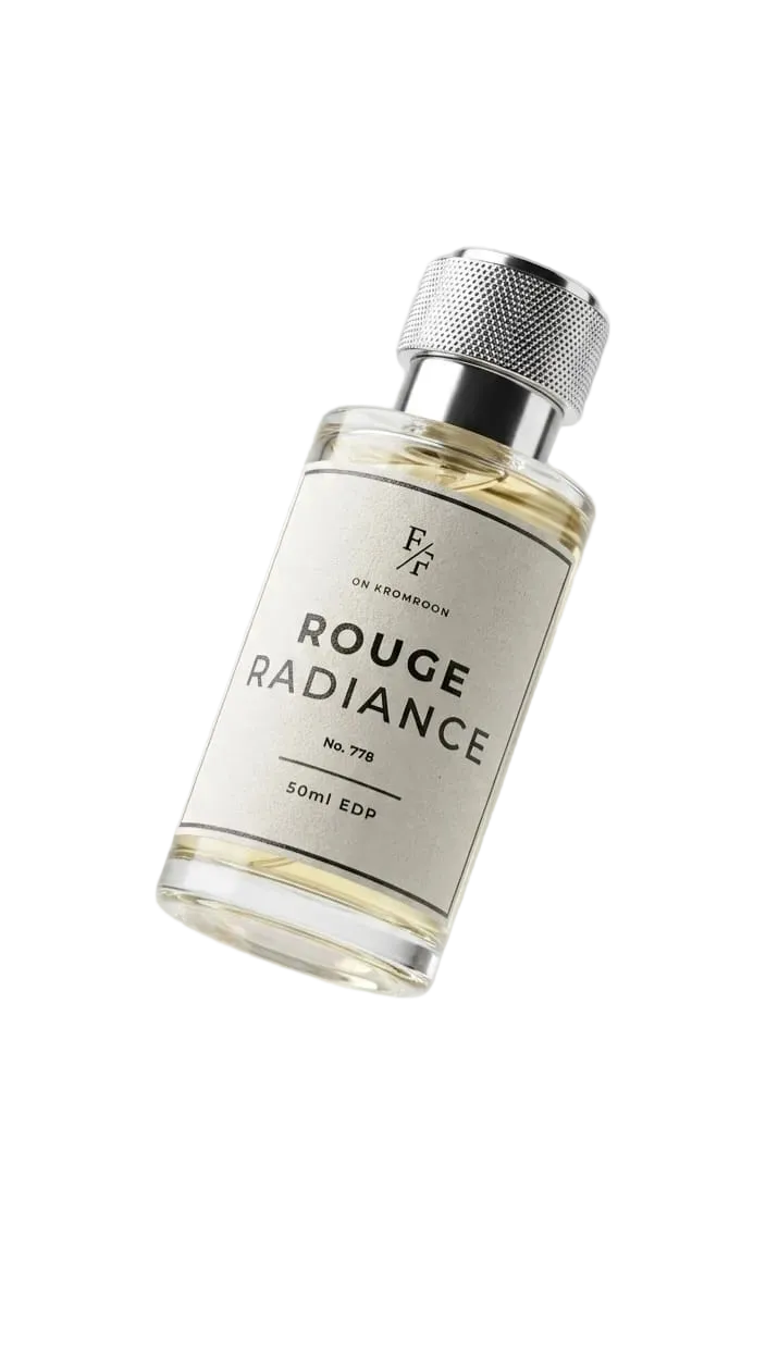 Perfume bottle labeled 'Rouge Radiance' on a light gray background