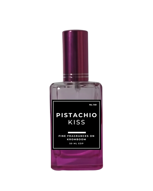 Perfume bottle labeled 'Pistachio Kiss' on a white background by Fne Fragrances on Kromboom
