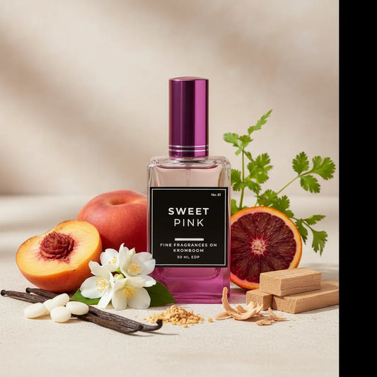 Perfume bottle labeled 'Sweet Pink' with fruits, flowers, and vanilla beans on a neutral background