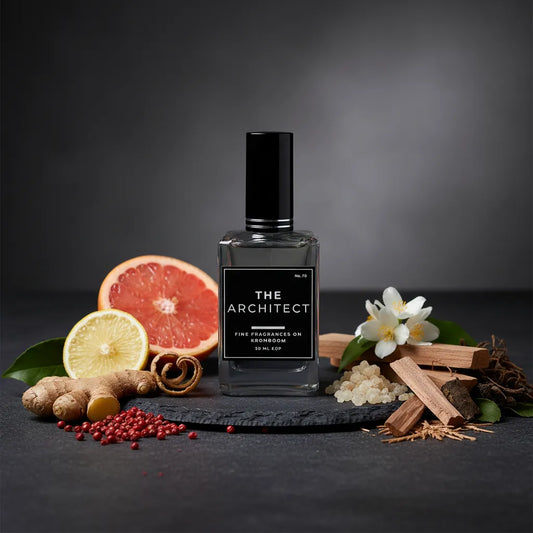 Perfume bottle labeled 'The Architect' surrounded by fruits, spices, and flowers on a dark surface.