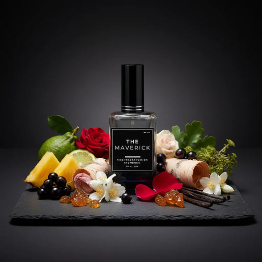 Perfume bottle labeled 'The Maverick' surrounded by flowers, fruits, and herbs on a dark background