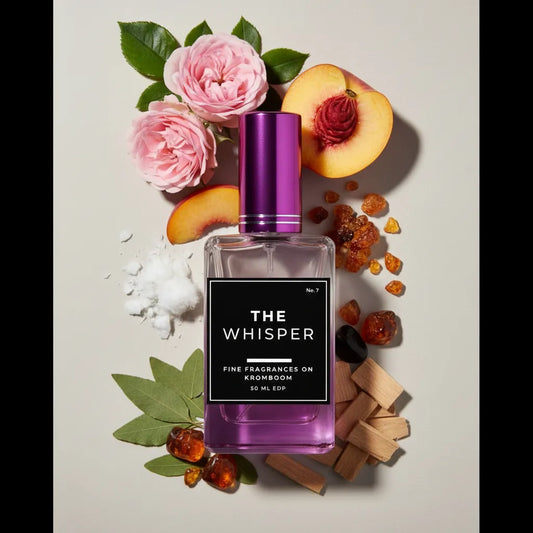 Perfume bottle labeled 'The Whisper' surrounded by flowers, fruits, and leaves on a light background