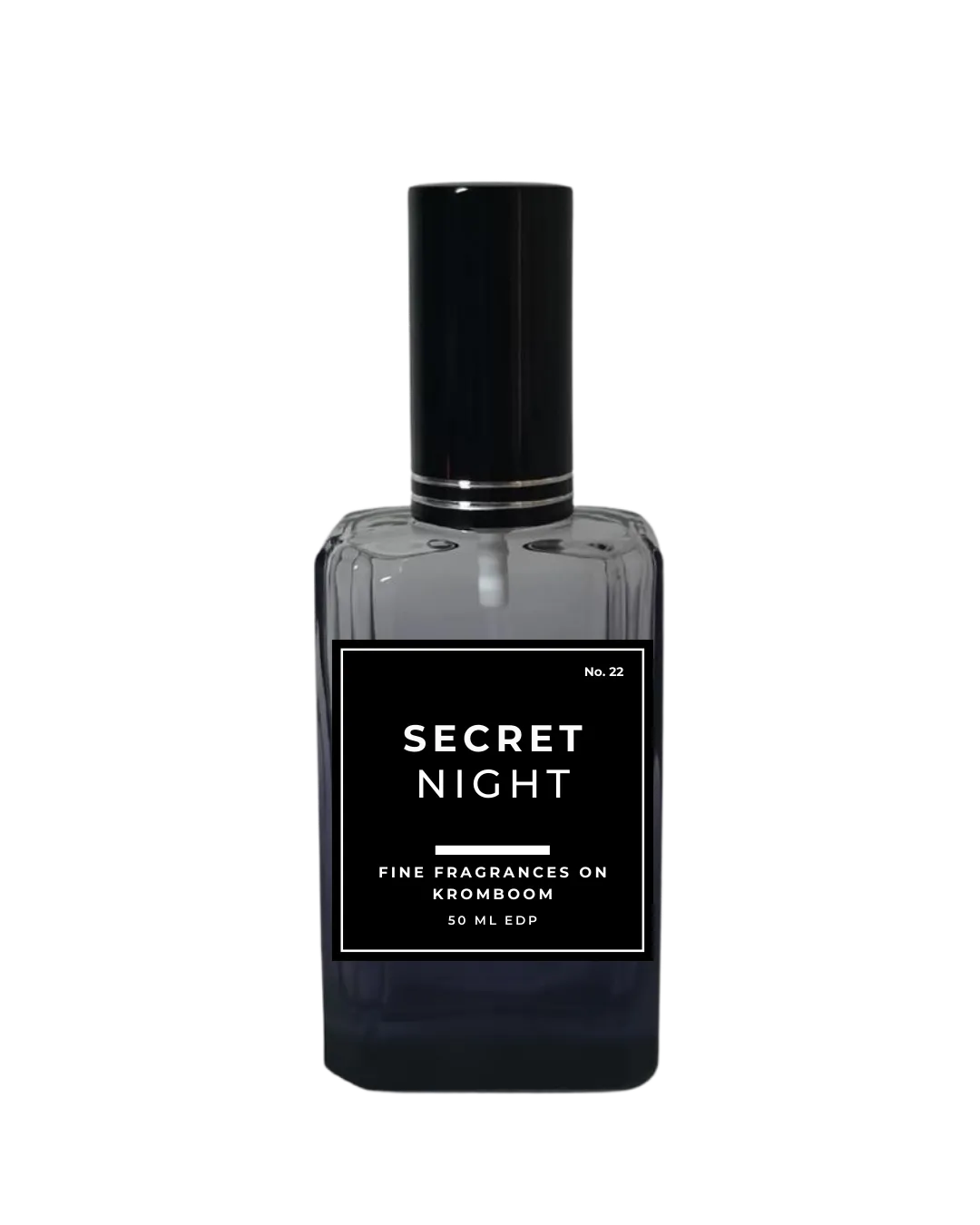 Perfume bottle labeled 'Secret Night' on a white background by Fine Fragrances on Kromboom