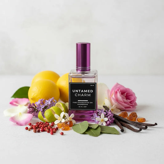 Perfume bottle labeled 'Untamed Charm' surrounded by lemons, flowers, and vanilla beans on a light background