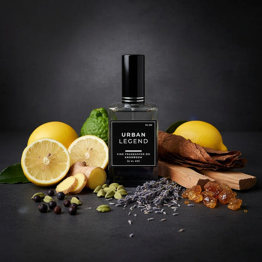 Perfume bottle labeled 'Urban Legend' surrounded by lemons, lavender, and other botanicals on a dark background