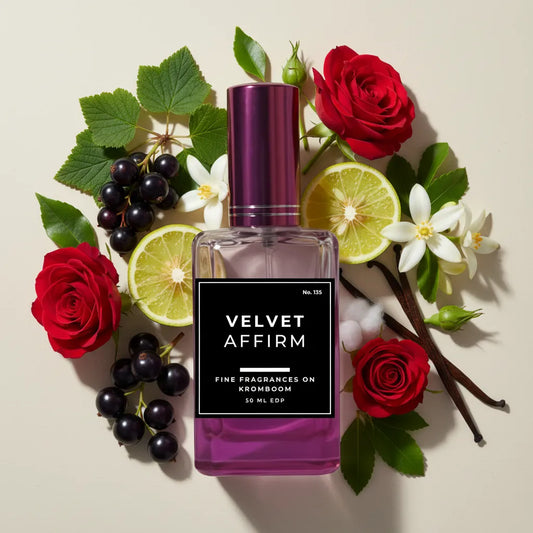 Perfume bottle labeled 'Velvet Affirm' surrounded by flowers and fruits on a light background