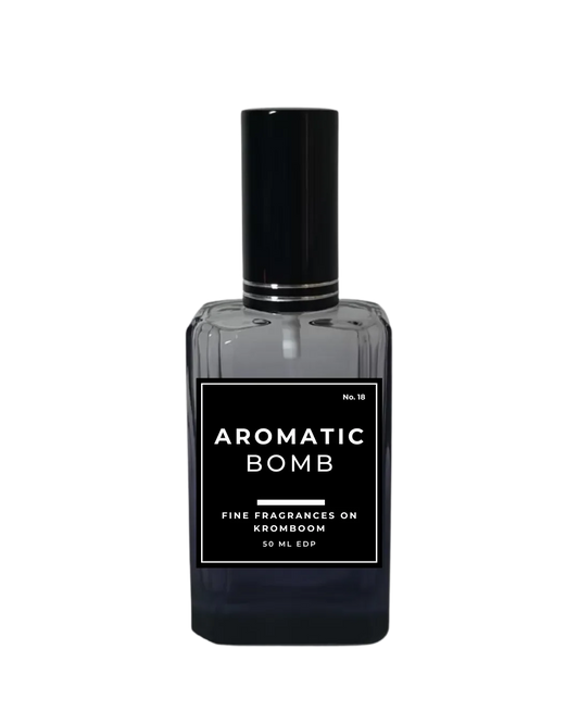 Perfume bottle labeled 'Aromatic Bomb' on a white background by Fine Fragrances on Kromboom