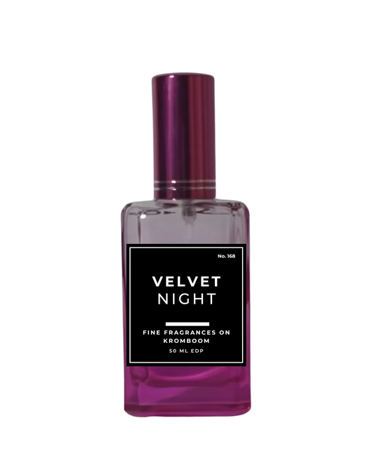 Perfume bottle labeled 'Velvet Night' on a white background by Fine Fragrances on Kromboom