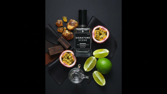 Bottle of Signature Scene perfume with chocolate, passion fruit, and lime on a dark surface