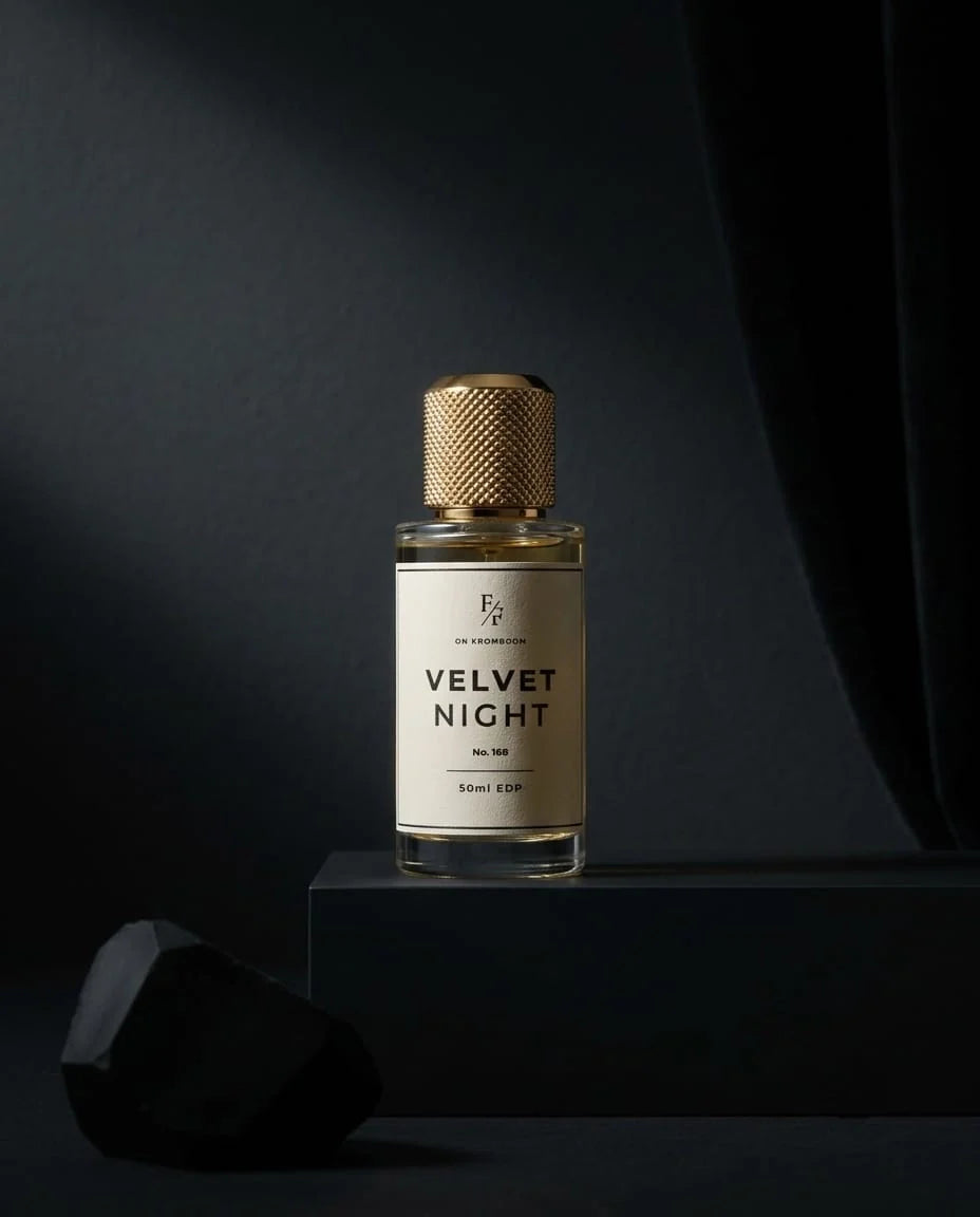 A young woman holds a bottle of "Isabella's Aura from Fine Fragrances on Kromboom" perfume. 