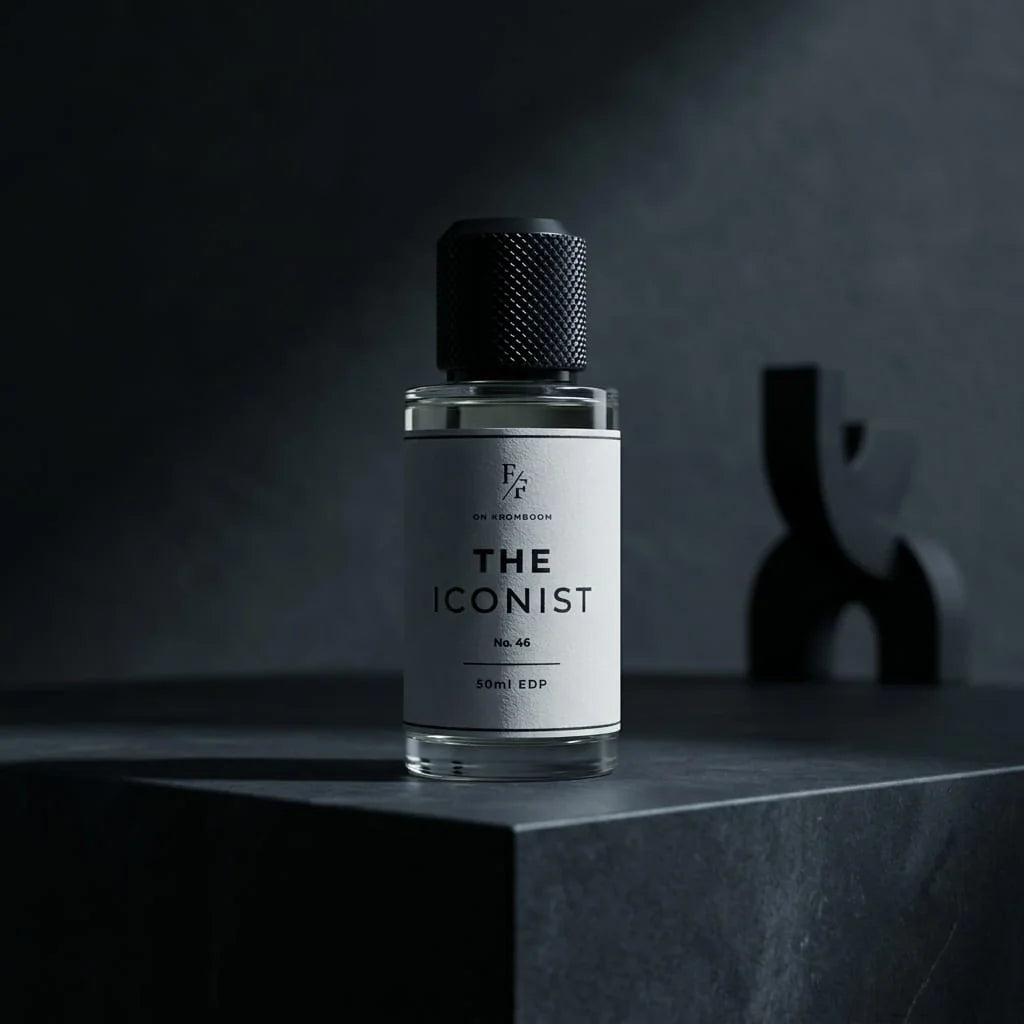 A young man holding a bottle of "Urban Legend by Fine Fragrances on Kromboom" perfume