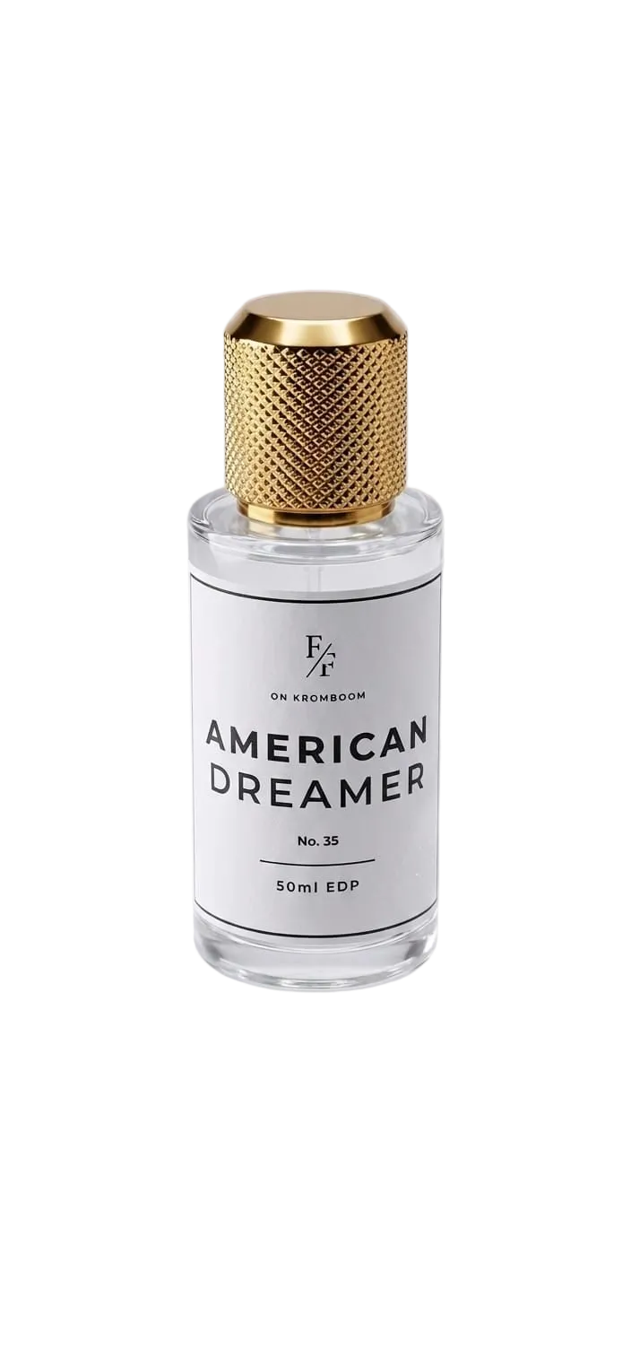 A 50ml EDT bottle of 'American Dreamer' by E&F Cosmetics, featuring a clear glass bottle with a textured gold cap and a white label.