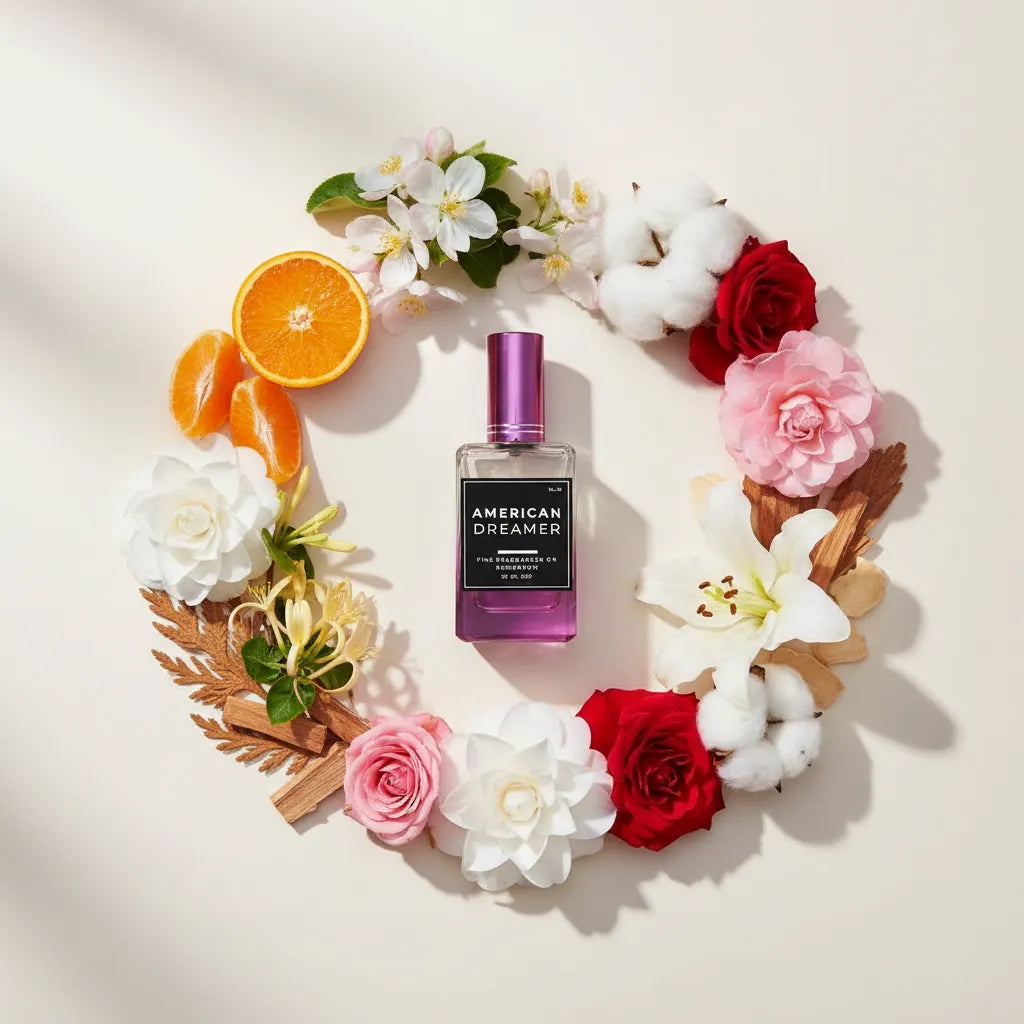 Perfume bottle labeled 'American Dreamer' surrounded by flowers and fruits on a light background