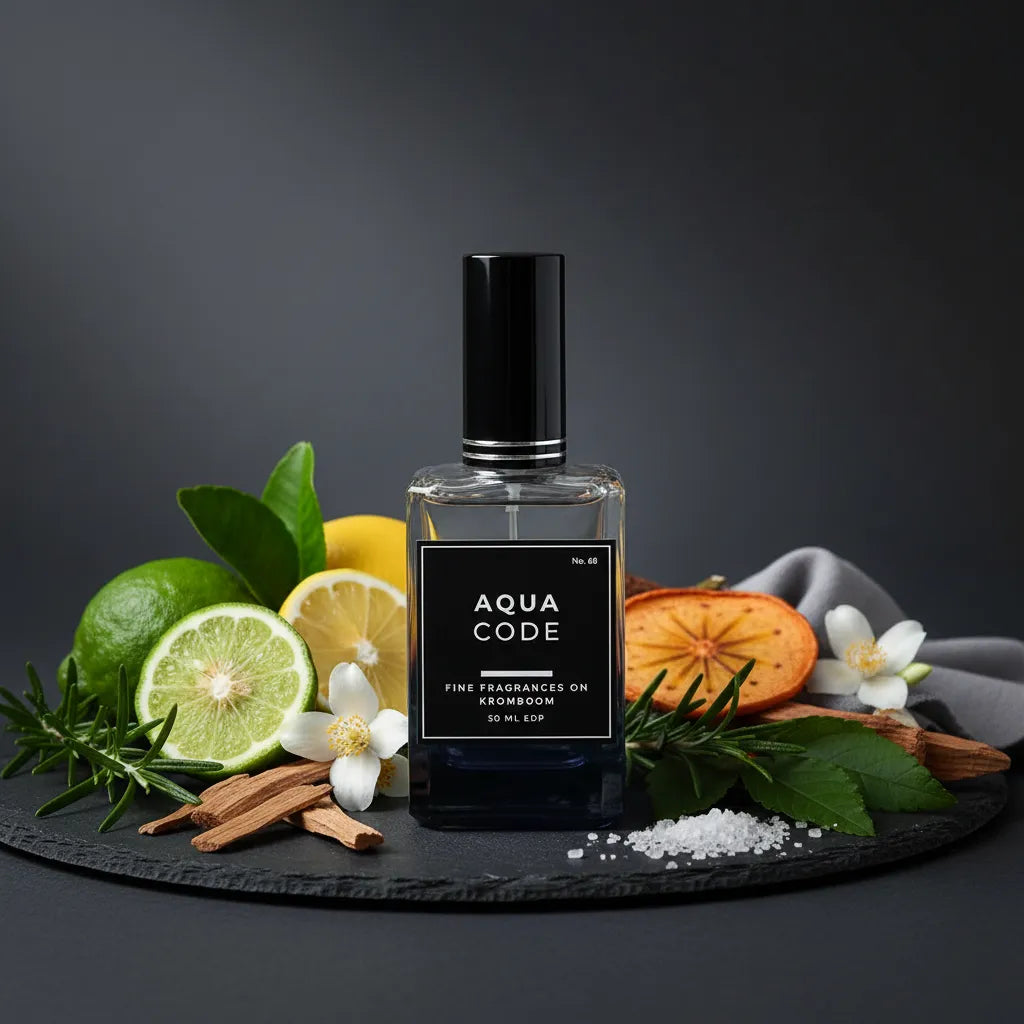 Perfume bottle labeled 'Aqua Code' surrounded by fruits and herbs on a dark surface