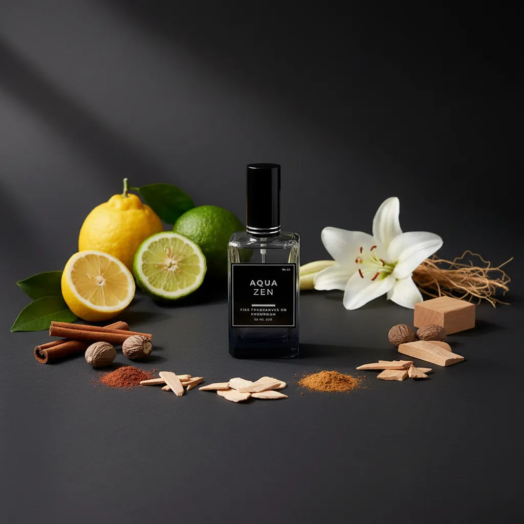 Perfume bottle labeled 'Aqua Zen' surrounded by lemons, limes, cinnamon sticks, and flowers on a dark background