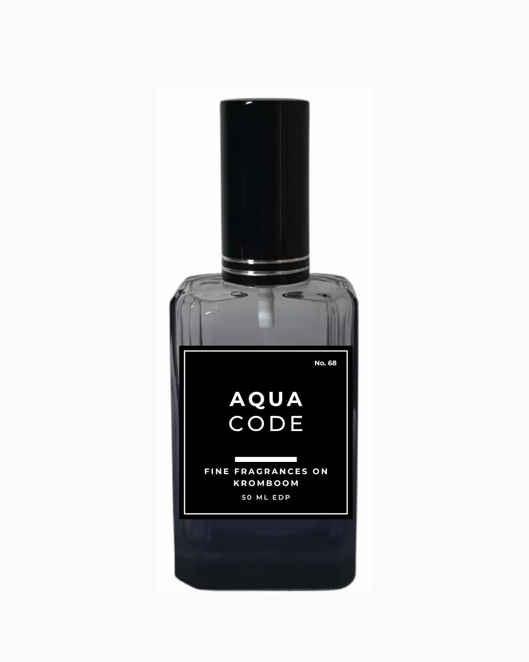 Perfume bottle labeled 'Aqua Code, Fine Fragrances on Kromboom 50ml EDP' on a white background