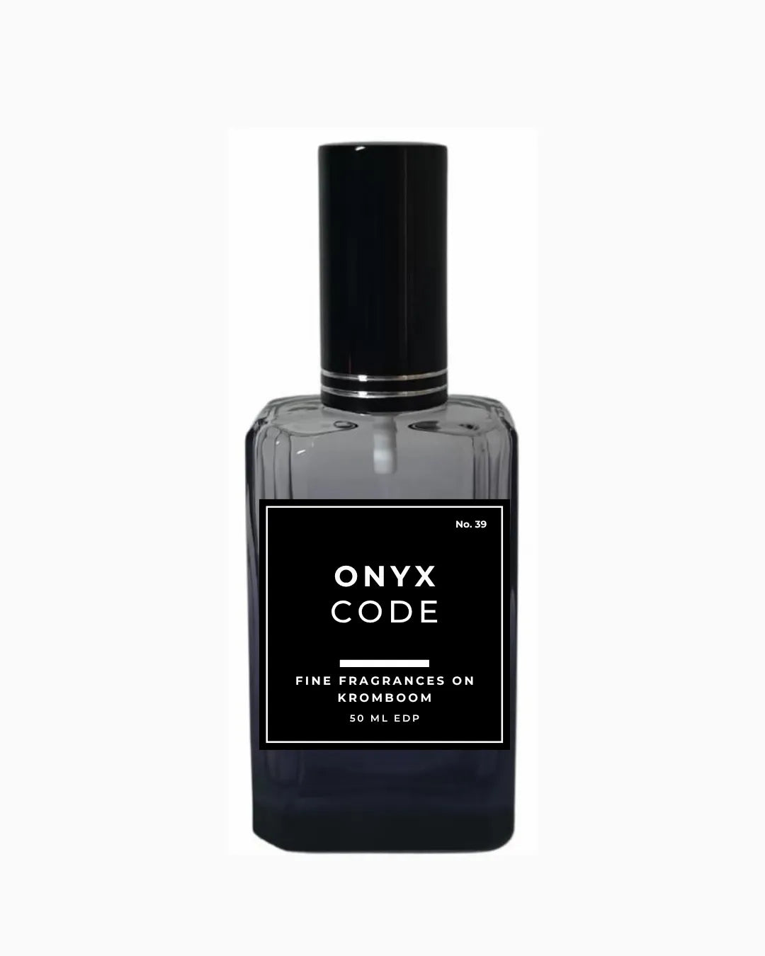 Perfume bottle labeled 'Onyx Code Fine Fragrances on Kromboom 50ml EDP' on a white background