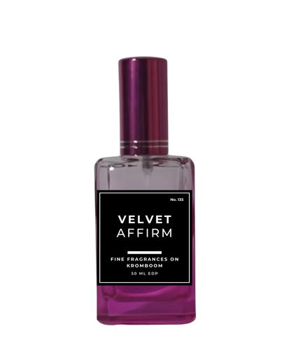 Perfume bottle labeled 'Velvet Affirm' on a white background by Fine Fragrances on Kromboom
