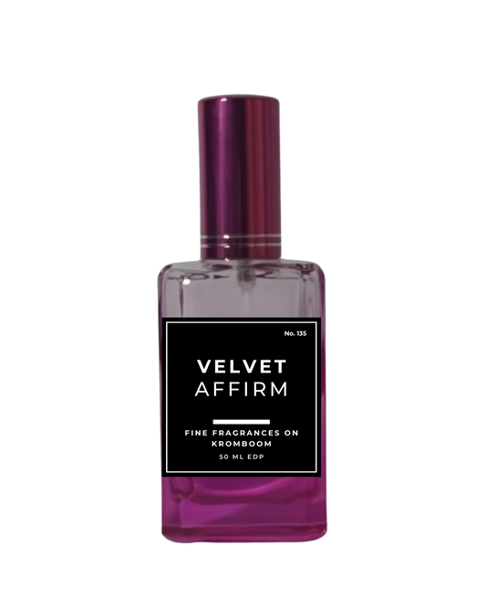 Perfume bottle labeled 'Velvet Affirm' on a white background by Fine Fragrances on Kromboom
