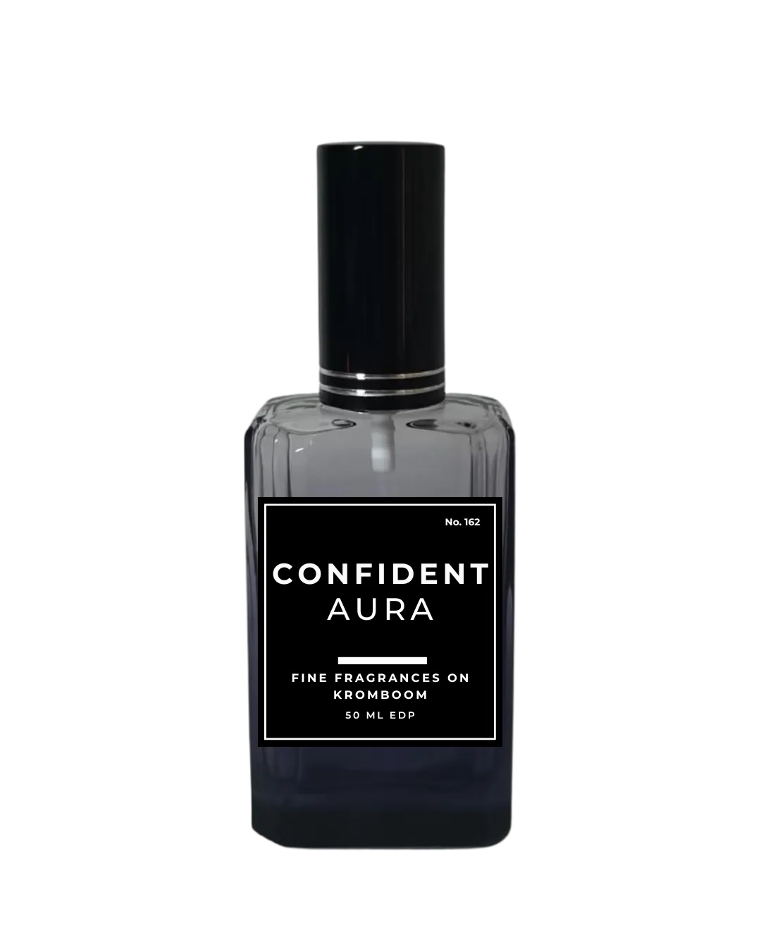 Perfume bottle labeled 'Confident Aura' on a white background by Fine fragrances on Kromboom