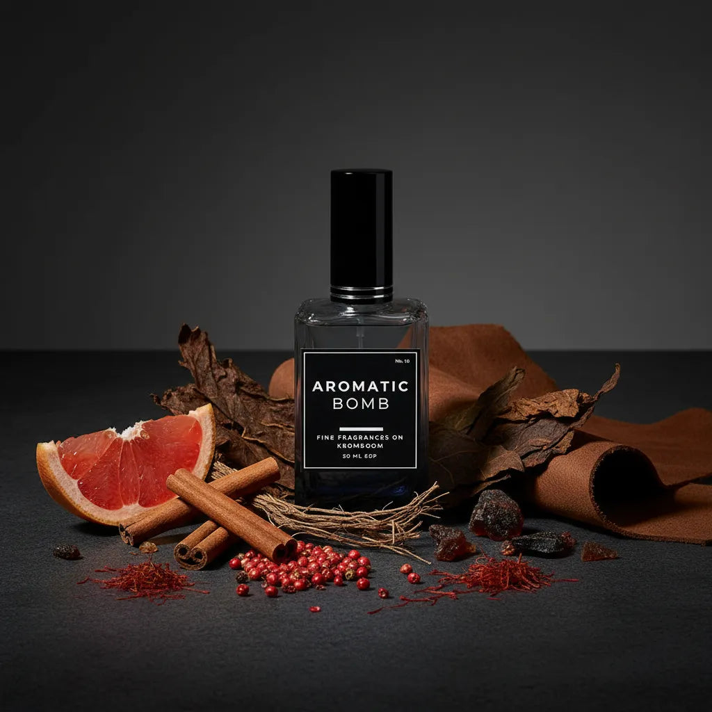 Perfume bottle labeled 'Aromatic Bomb' surrounded by spices and fruits on a dark background