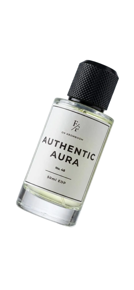 A 30ml bottle of F/K On Manhattan 'Authentic Aura' Eau de Parfum, featuring a clear glass bottle with a white label and a textured black cap, shown against a light gray background.