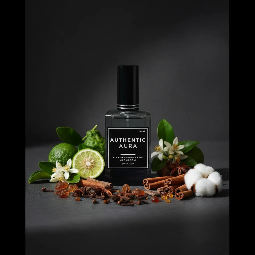Perfume bottle labeled 'Authentic Aura' surrounded by lime, flowers, and spices on a dark background