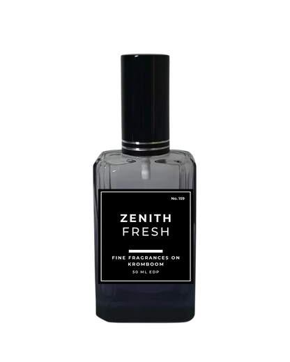 Perfume bottle labeled 'Zenith Fresh' on a white background by Fine Fragrances on Kromboom