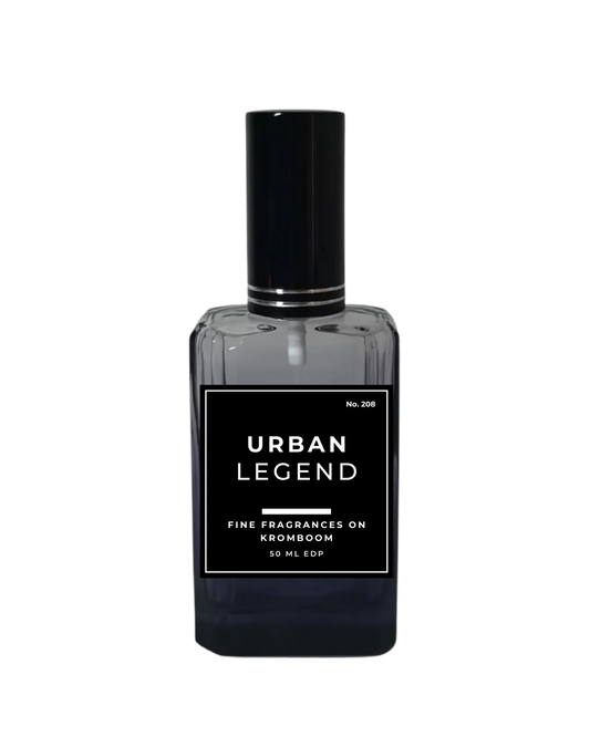 Perfume bottle labeled 'Urban Legend' on a white background by Fine Fragrances on Kromboom