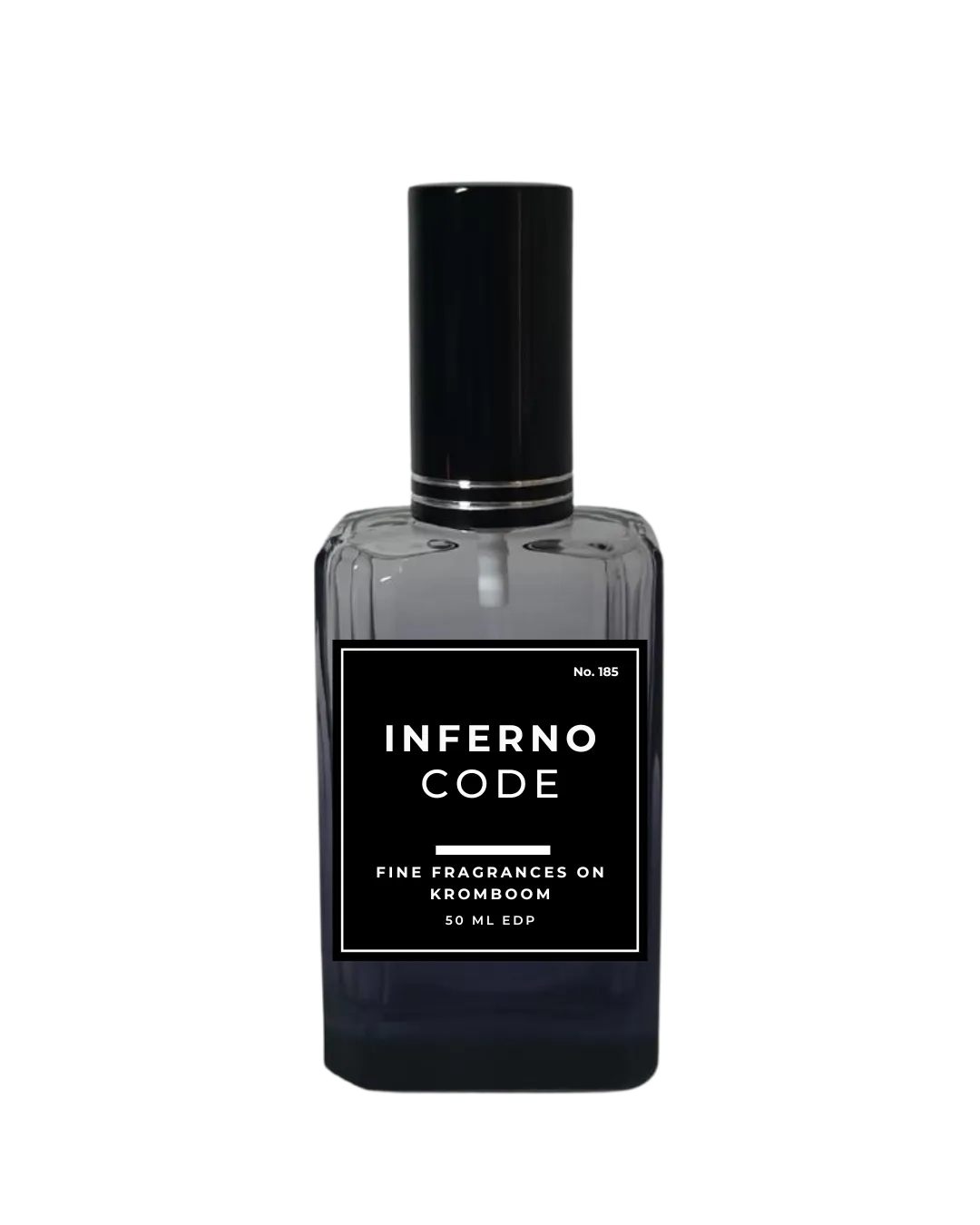 Perfume bottle labeled 'Inferno Code' on a white background by Fine Fragrances on Kromboom