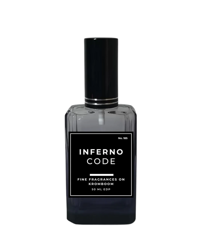 Perfume bottle labeled 'Inferno Code' on a white background by Fine Fragrances on Kromboom