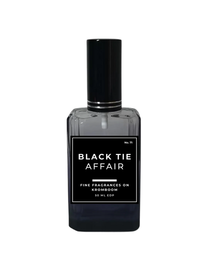 Perfume bottle labeled 'Black Tie Affair' on a white background by Fine Fragrances on Kromboom