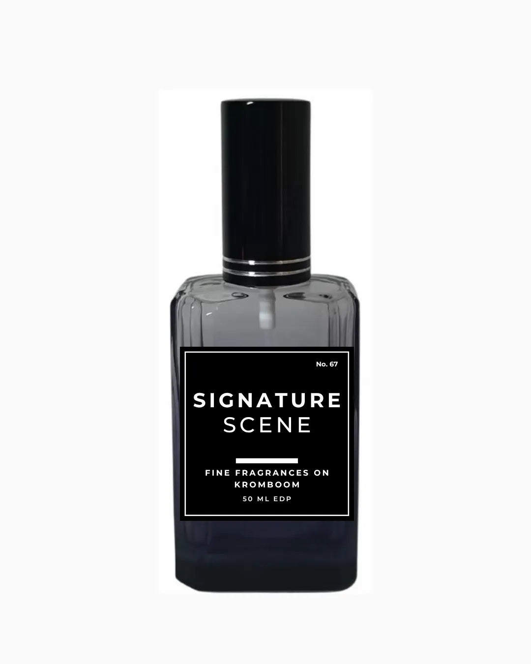 Perfume bottle with black cap and label 'Signature Scene, Fine Fragrances on Kromboom 50ml EDP' on a white background