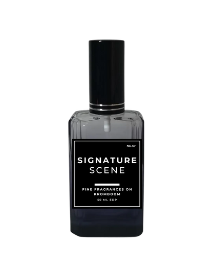 Perfume bottle labeled 'Signature Scene' on a white background by Fine Fragrances on Kromboom
