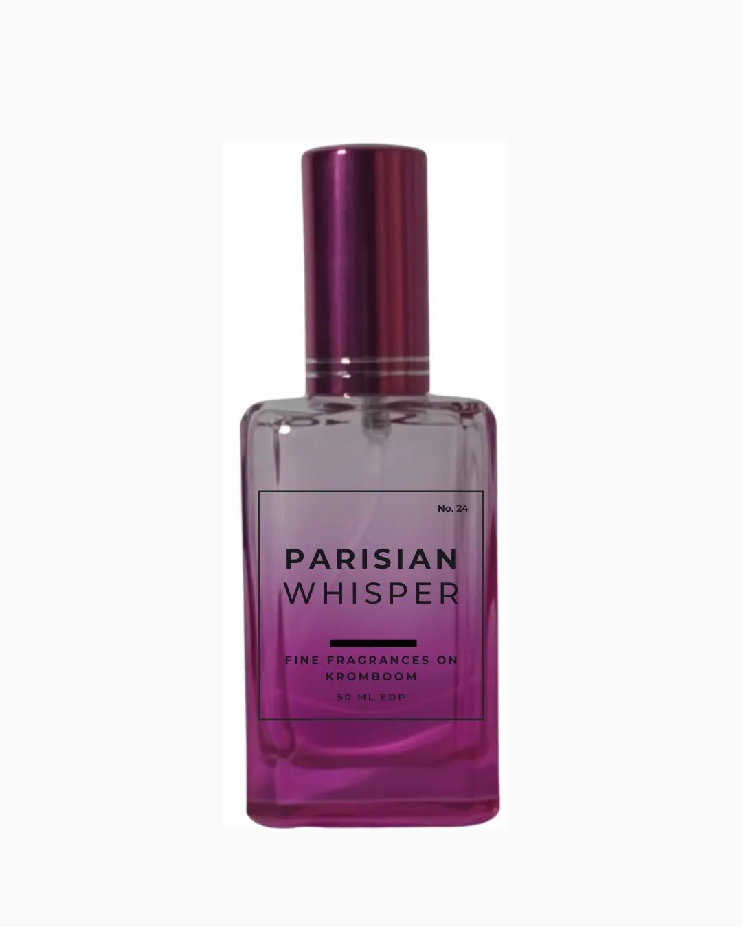 Perfume bottle labeled 'Parisian Whisper, Fine Fragrances on Kromboom 50ml EDP' on a white background