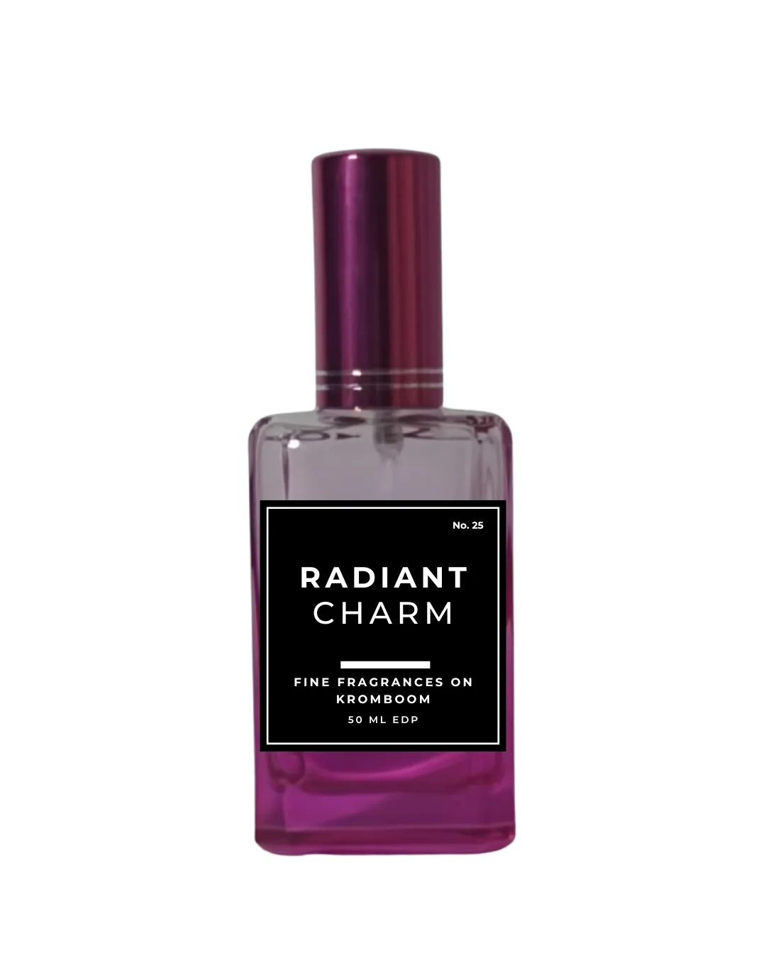 Perfume bottle labeled 'Radiant Charm' on a white background by Fine Fragrances on Kromboom