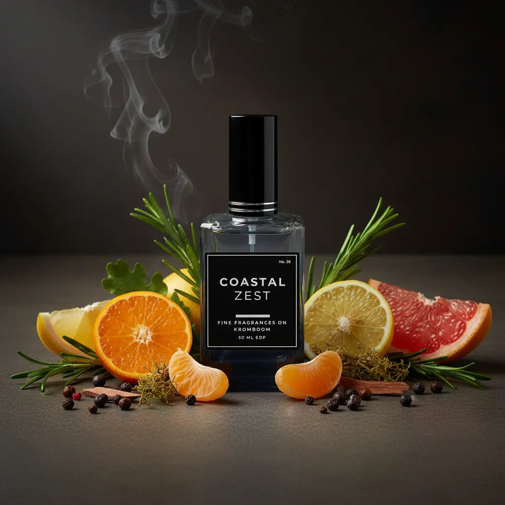 Perfume bottle labeled 'Coastal Zest' surrounded by citrus fruits and herbs on a dark background