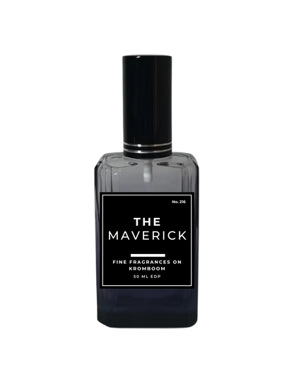 Perfume bottle labeled 'The Maverick' on a white background by Fine Fragrances on Kromboom