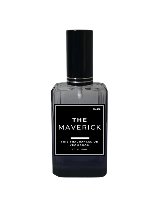 Perfume bottle labeled 'The Maverick' on a white background by Fine Fragrances on Kromboom