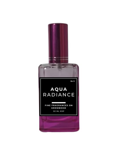 Perfume bottle labeled 'Aqua Radiance' on a white background by Fine Fragrances on Kromboom