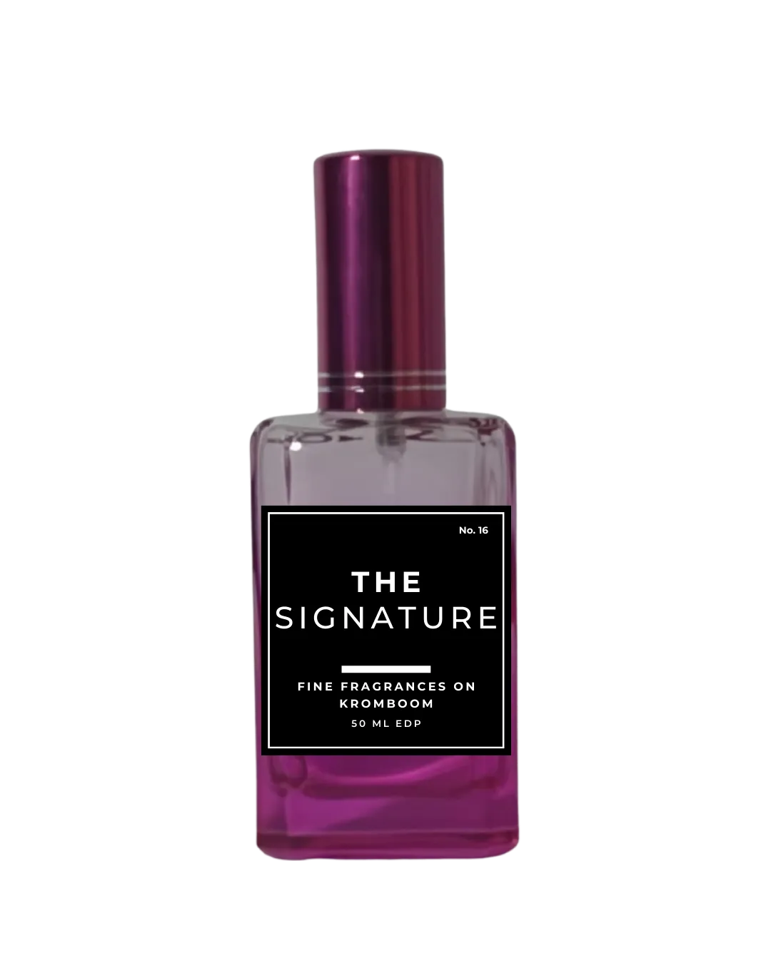 Perfume bottle with purple cap and label on a white background by Fine Fragrances on Kromboom
