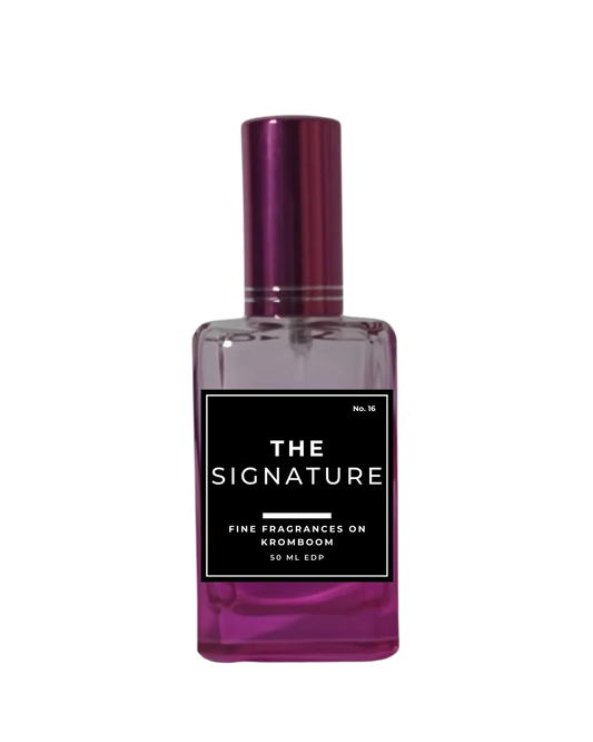 Perfume bottle with purple cap and label on a white background by Fine Fragrances on Kromboom
