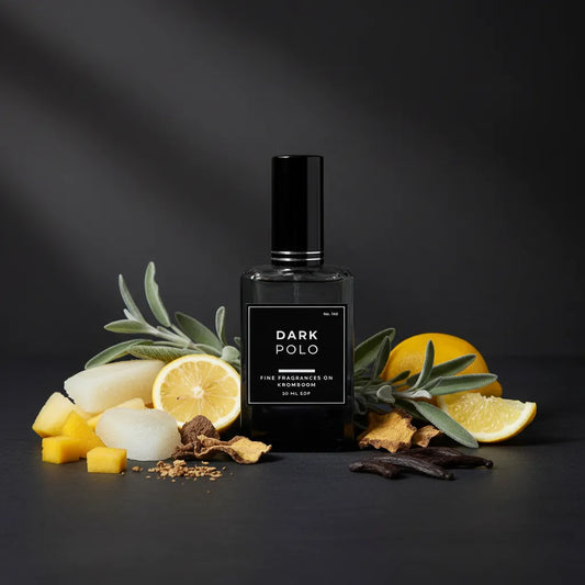 Perfume bottle labeled 'Dark Polo' surrounded by fruits and herbs on a dark background