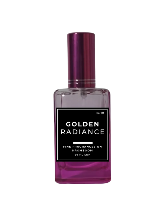 Perfume bottle labeled 'Golden Radiance' on a white background by Fine Fragrances on Kromboom