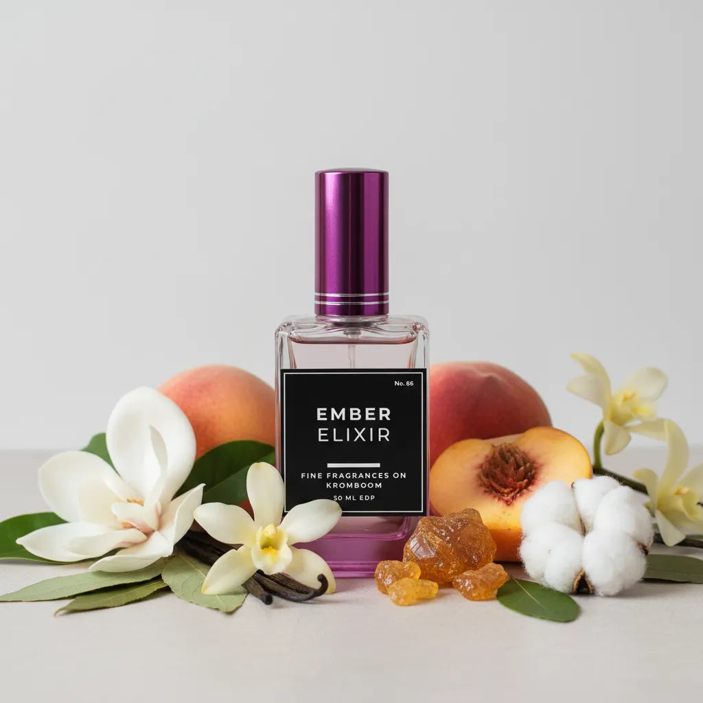 Perfume bottle labeled 'Ember Elixir' with peaches and flowers on a light background