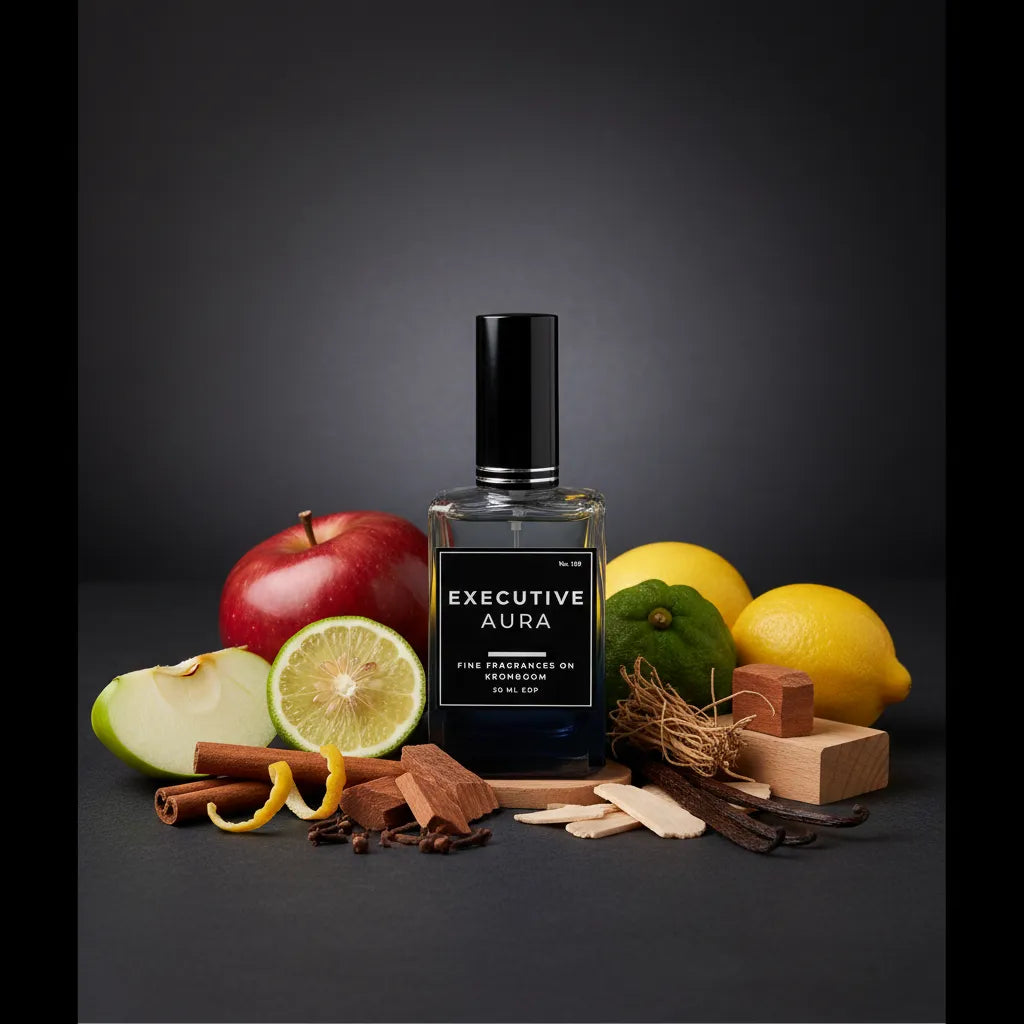 Perfume bottle labeled 'Executive Aura' surrounded by fruits and spices on a dark background