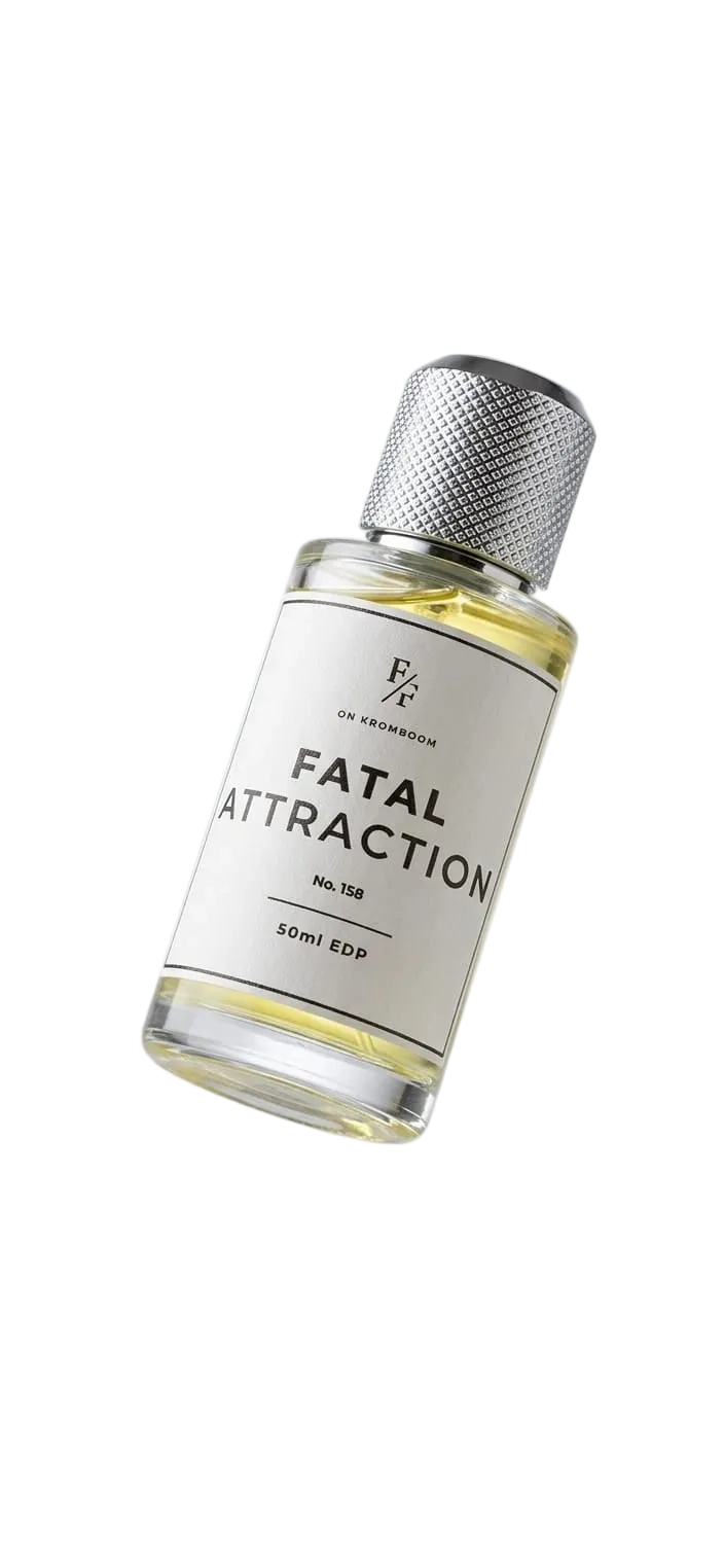 A clear glass bottle of Unearthed Fragrances 'Fatal Attraction' perfume with a textured silver cap, floating at an angle against a light gray gradient background with a soft reflection below.